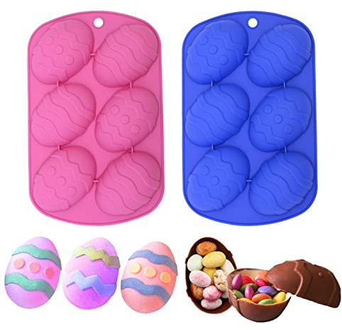 2 Pack Large Easter Egg Silicone Molds, Chocolate Covered Cocoa Bomb Mould, for Baking Cake, Cupcake, Jello, Bombs, Candy, Soap with Kids and Family for Easter Party, 2 Color