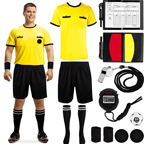 Fußball-Schiedsrichter-Set enthält Fußball-Schiedsrichter-Trikot-Shorts, Socken, rot-gelbe Karten mit Aufnahmepapier, 3 Band-Sticks aus Edelstahl, Pfeife, Seitenauswahl, Armbänder für Sport (XL)