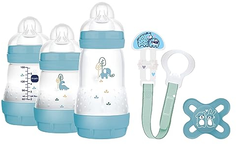 MAM Easy Start Anti-Colic Welcome Set, baby första utrustning med 3 anti-kolikflaskor, napp och nappband, baby presentset, från födseln, blå