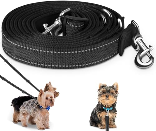 Hundeleine für große und mittelgroße Hunde - Verstellbare Doppelleine aus Nylon mit 2 Karabinerhaken und 3 Ringen - 3m x 15mm (Fluoreszierendes Schwarz)