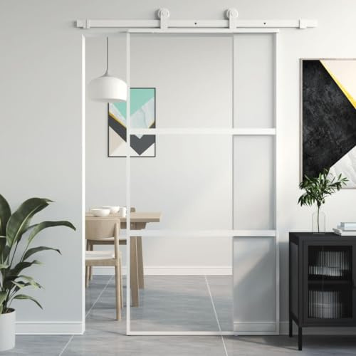 Hovothy Puerta Interior Vidrio Templado y Aluminio Blanco y Transparente 102,5x205 cm Diseño Delgado Puerta Corredera Casa Material Resistente Puerta de Granero Seguro Fácil Mantenimiento