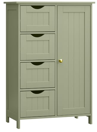 VASAGLE Badezimmerschrank, schmaler Badschrank, Beistellschrank, Kommode, mit 4 Schubladen, Schranktür, verstellbare Ablage, 30 x 55 x 82 cm, lorbeergrün LHC041C02