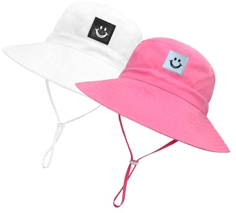 Baby Sun Hat Smiling Face UPF 50+ Beach Toddler Bucket Hat for Baby Boys and Girls, Toddler Kids Wide Brim Sun Hats Cap (US, Age, 6 Months, 24 Months, White+Rose)