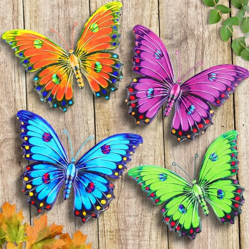 Giyiprpi Metal Butterfly Wall Decor, 9.6 3D Outdoor Fence Wall Art Decor, Hanging Decoration for Garden Backyard Living Room Balcony Patio Indoor, Gift for Mom Kids Family Friends(4 Pack)
