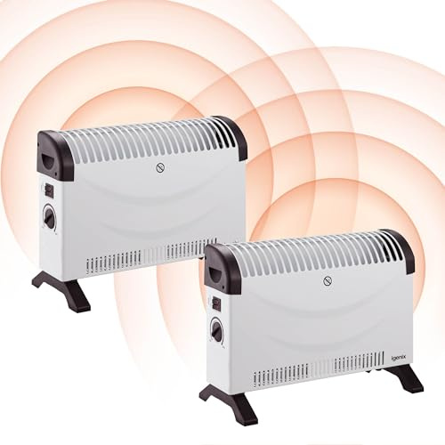 Igenix IG5200/2PACK Portable Electric Low Energy Convector Heater with Adjustable Thermostat, Freestanding Radiator Ideal for Home or Office, 2000 Watt, White, Pack of 2