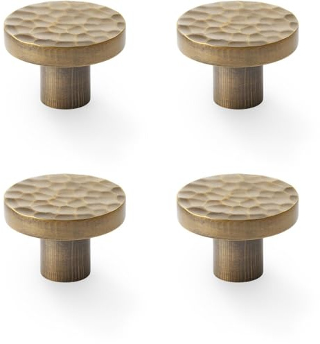 4 Pack - Slim Hammered Door Knob - Antique Brass 38mm Round Cupboard Cabinet Pull Handle