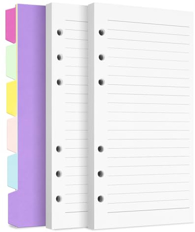 A6 Refill Paper Planner Inserts, 6-Hole Loose Leaf Paper, College Ruled Loose Leaf with Binder Dividers, Punched Notebook Refills for 6-Ring Refillable Binder, 240 Pages, White