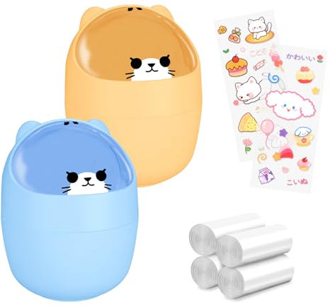 8 Pezzi Mini Pattumiera da Tavolo con Coperchio, Cestino da Scrivania Piccola con Sacchetti e Adesivi, Cartone Animato Carino Cestino da Tavolo Pattumiera Cucina per Cucina Bagno Camera da Letto 1