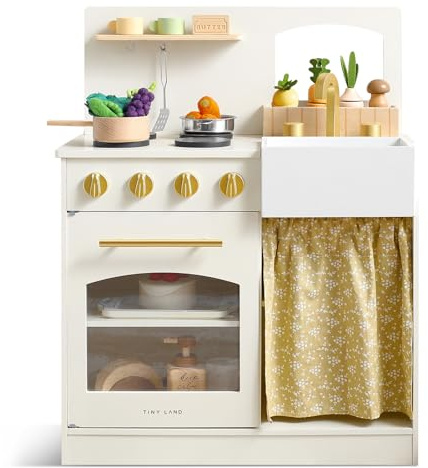 Tiny Land Spielküche, Kinderküche Spielset, Kleinkinderküche mit Schneideset, Holzküchen ETS für Kinder, Mädchen und Jungen