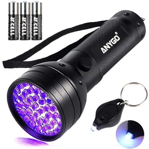 ANYGO 51 LED UV Black Light Flashlight, 395nm Portable Ultraviolet Pet Urine Detector for Dog Cat Stains, Bed Bugs, Scorpions, Resin Curing, Keychain Flashlight & Battery Included