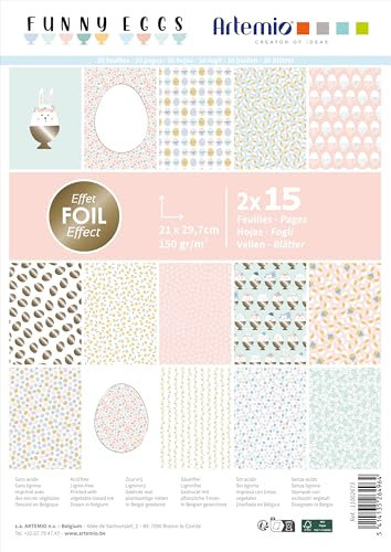 Artemio Papier-Block Funny Eggs Motiv 30 Blatt Folienveredelt Ostern einseitig weiß Scrapbooking, Grußkarten, kreative Deko-Ideen, lignin- und säurefrei, Motivpapier