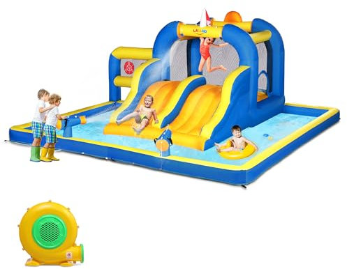 HOBBYZOO Château Gonflable pour Enfants avec Souffleur, Aire de Jeux Gonflable avec Double Toboggan, Zone De Saut, Pistolet À Eau, Cible, Charge Maximale 150 kg, 470x472x225 cm