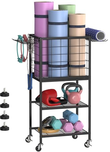 smusei Fitness Equipment Trolley, 3-Tier Sports Equipment Stand with Large Basket, Yoga Mat Storage, Metal Dumbbell Stand (Black)