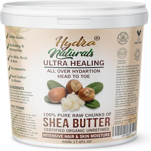 Hydra Naturals Unrefined Shea Butter 500g – 100% Pure, Raw, Organic, Cold Pressed – Natural Moisturiser for Hair, Smooth Skin, Face & Body – DIY Beauty, Dry Scalp, Anti-Aging Care