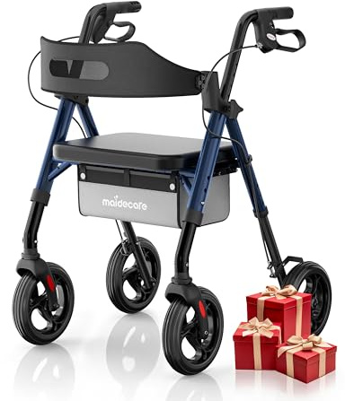 Andador para Ancianos con Asiento Plegable, Manillar y Asiento Regulables en Altura, Caminadores para Mayores, Ayuda para Caminar Ligera con Freno, Ruedas 8 Todoterreno, Azul Zafiro
