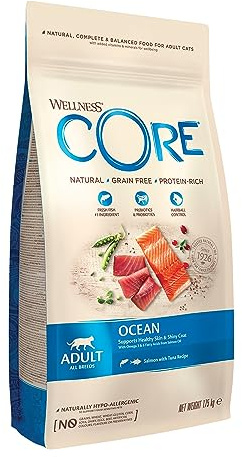 Wellness CORE Océan 1,75 kg, Saumon/Thon – Croquettes pour Chats Adultes, sans Céréales, Naturelles, Hypoallergénique, Riche en protéines, À Haute Teneur en Poisson, Peau Saine & Pelage Brillant