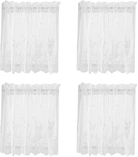 POFET Lot de 4 Rideau Brise Bise Cuisine, Demi-Rideaux Courts en Dentelle pour Petites Fenêtres, Petit Rideaux Voile Passe Tringle, Idéal pour Café Cuisine, Salon et Décoration de Chambre