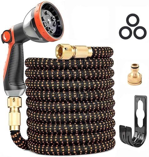 Expandable Garden Hose Pipe 75FT, Upgraded 3-Layer Latex No-Kink Flexible Water Hose, 3/4&1/2 Metal Connectors, 10 Function Spray Nozzle, Hose for Gardening, Washing & Cleaning
