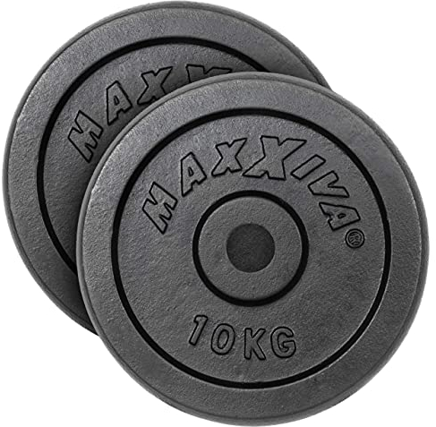 MAXXIVA Hantelscheiben 2er Set Gewichtsplatte je 10 kg 100% Gusseisen schwarz 20 kg Fitness Krafttraining Bodybuilding Workout Gewichtheben Reha