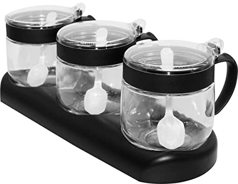Glass Condiment Spice Jars,12oz/350 ml Condiment Jar Spice Container with Lids and Spoons and Tray,Clear Glass Condiment Canisters,3Pack Seasoning Box Bowl Set for Sugar Pepper,for Kitchen,Counter