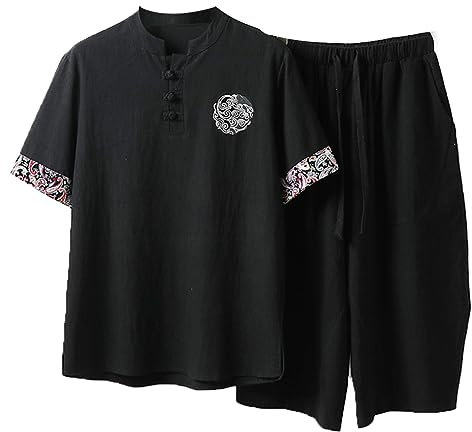 ZHOUXIAO Männer Kung Fu Uniformen Plus Größe Kampfkunst Sets Tang Anzüge Chinesische traditionelle Kleidung Taichi Kleidung Baumwolle Leinen Kurzarm Mantel Tops und Kurze Hos black-7XL