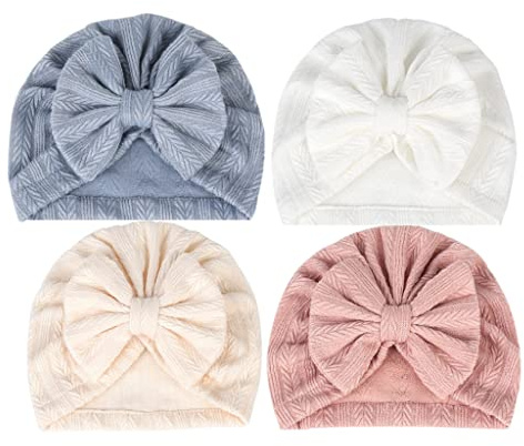 freesiom Lot de 4 Turban Bonnet Bébé Fille Naissance Doux Chapeaux Bandeau Cheveux Noeud Elastique Serre Tête Accessoires Nouveau Né Baptême Cadeau 0-24 Mois Rouge Rose
