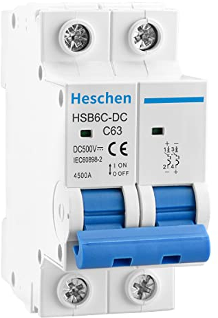 Heschen DC Miniature Circuit Breaker, HSB6C-DC, 2 Poles, DC500V 63A, Photovoltaic Circuit Breaker, for Solar PV System Solar Panels Grid System, 35mm DIN Rail Mounting