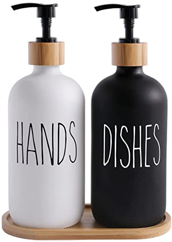 Glas Seifenspender Set, BIKALAN 475ml Seifenspender Schwarz-Weiß Badezimmer Set mit Tablett, Shampoo Lotion Handseifenspender für Küche Arbeitsplatte