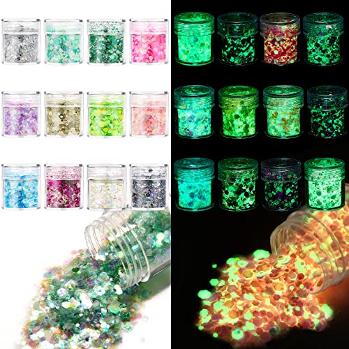 AOOWU Chunky Glitter, 12 Colors Luminous Festival Glitter, Nail Glitter Powder, Holographic Cosmetic Glitter for Face Body Eye Hair Nail and DIY Art (B)