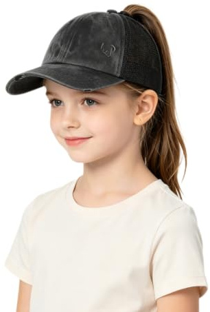 Kids Ponytail Baseball Cap Criss Cross Mesh Sport Cap Adjustable Messy High Bun Pony Hat Outdoor Running Trucker Hat Summer Sun Hats for Girls Children Teens Aged 4-10 Black
