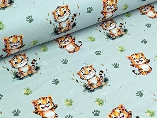 Eigenproduktion Baumwolljersey Kleiner Little Tiger auf Hellmint Kleiderstoff Meterware Babytiger