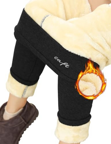 PASUDA Thermo Leggings Damen Winter Fleece Gefütterte Thermoleggins Lang High Waist Warme Winterleggins Lammsamt Jogginghose Thermohosen mit Verdickte Plüsch (Schwarz, M)