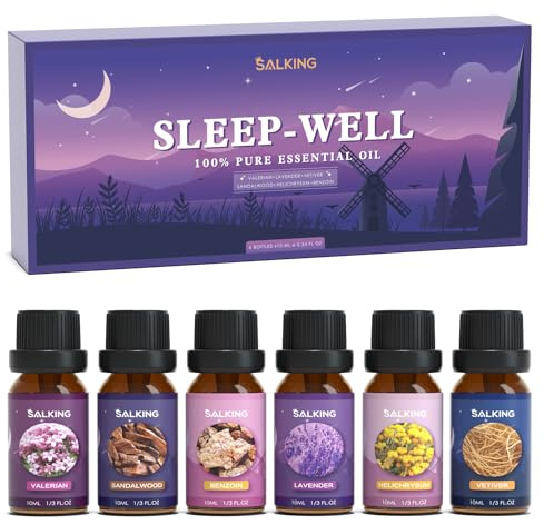 SALKING Sleep Essential Oils Set, Pure and Natural Essential Oils, Diffuser Oil Gift Set for Candle Making Scents 6 x 10 ML - Lavender, Vetiver, Sandalwood, Valerian, Helichrysum, Benzoin