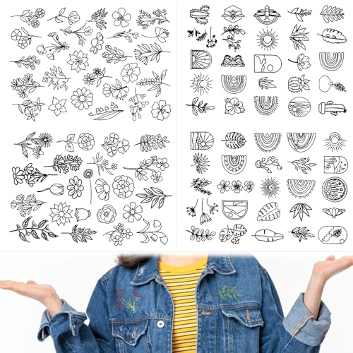 MININUSI 2 Blatt Stickvorlagen DIY Stickaufkleber Blumen Stickvlies Selbstklebend 100 Verschiedene Muster Sticken Vorlagen Pflanzen Stickvorlagen Wasserlöslich für Taschen, Kleider, Kissen, Hüte