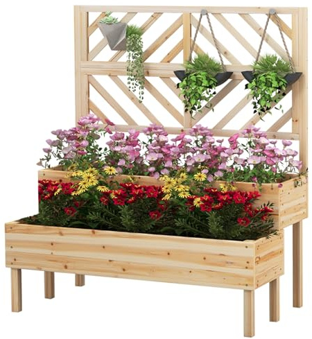 HOMASIS Jardinière avec grille en bois pour l'extérieur, treillis à 2 étagères, plantes grimpantes en sapin, drainage, 109 x 62 x 135