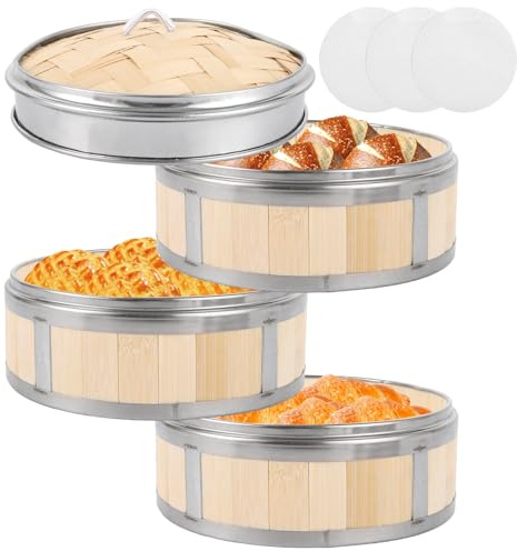 Oungy Vaporizador de bambú de 3 pisos, diámetro de 20 cm, vaporizador de bambú con tapa y 3 cestas de vapor, para albóndigas, arroz, dim sum, verduras, carne