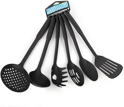 Sleek Style® Nylon Kitchen Utensil Set for Cooking 6Pcs Non-Stick Black 30cm Cooking Utensils, Slotted Spatula, Slotted Spoon, Spaghetti Server, Serving Spoon, Soup ladle, Spatulas