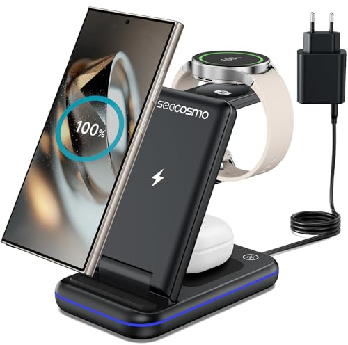 seacosmo Pieghevole Caricabatterie Wireless 3 in 1 per Samsung, Stazione Ricarica Wireless Rapida Charging Station, Caricatore S24/S23/S22/S21 Ultra/Z Fold 7, per Galaxy Watch 8/6/5 Pro & Galaxy Buds