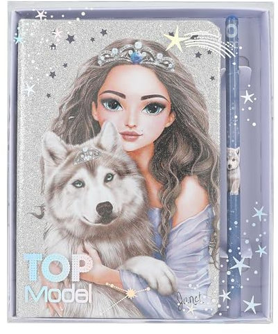 Depesche 13176 TOPModel Wolf - Notizbuch in glitzerndem Silber und Blau, mit Wolf Motiv, Sternen und 160 Seiten, inkl. Bleistift