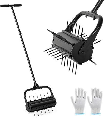 CRUDATE Lawn Aerator, 17'' Grass Rolling Aerators Tool Manual Garden Aerator with Handle Aeration Tool Lawn Steel Nails Aerator Machine with Sandbag, Patio Soil Roller Air Aerator Tool for Yard