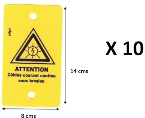 10 étiquettes POLYPRO, souples, à sertir – Attention câbles courant continu sous tension - Dim. 140 x 80 mm - signalisation photovoltaïque