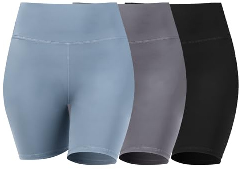 Ynport Crefreak Women's High Waisted Cycling Shorts 3-Pack - Stretchy Gym Shorts for Running, Gym & Workouts - Soft & Comfortable Activewear, Black+Grey+Lake Blue-3 Pack, L