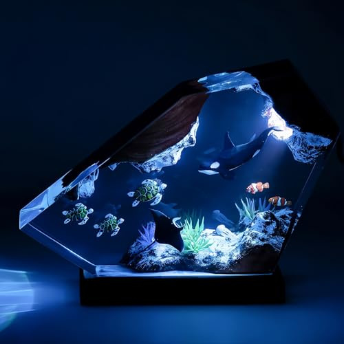 Drawelry 3D Epoxidharz Ozeanfigur Ornamente mit Holzsockel, LED Buntes Nachtlicht, Harz Ozean Tier Statue Hai Wale Pinguin Oktopus Figuren Skulptur Kunsthandwerk Mini Meere Aquarium Dekoration (B9, M)