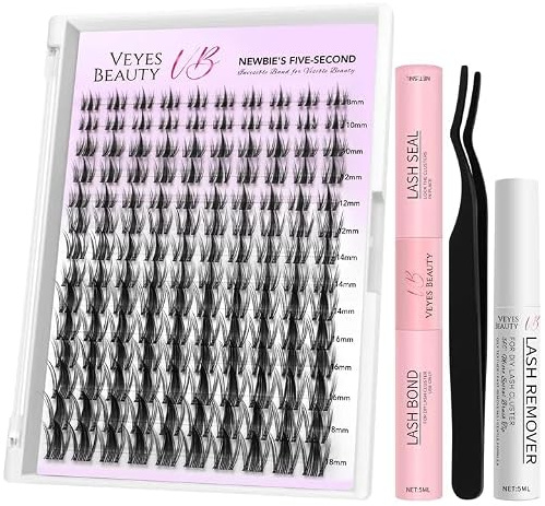VEYESBEAUTY Pestañas Postizas Newbie's Five-Second Kit Pestañas Pelo a Pelo Com Pegamento y Sellado Lash Cluster Pestañas Individuales (Manga Kit, 8-18mm)