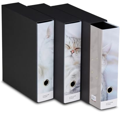 Set di 3 Raccoglitori ad Anelli, Colour Code, Bianco, Tema Gattino, Plastificati Lucidi, Ideale per fogli A4, Meccanismo a Leva