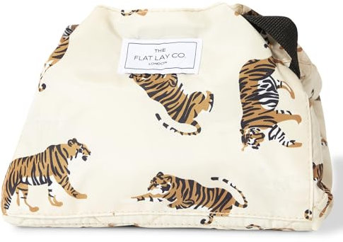 The Flat Lay Co. Makeup Bag - Natural Tiger Travel Make Up Organiser for Cosmetics, Eyeshadow, Make-Up Brushes, Lipstick & Tools - Drawstring Makeup Bag Storage with Brush Holder & Large Pockets