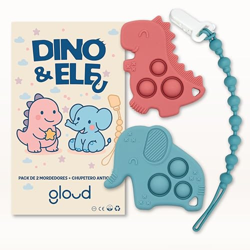 GLOUD® Mordedor Bebé – Pack 2 Mordedores + Cordón Antipérdida, 3-12 Meses, Silicona Alimentaria sin BPA, Juguete de Dentición Seguro, Fácil de Limpiar y con Texturas