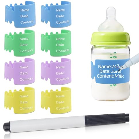 Lot de 8 étiquettes de biberon en silicone réutilisables pour la garderie, étiquettes de bouteilles inscriptibles, 4 couleurs, pour étiqueter les étiquettes de nom/de date pour les biberons, rubans