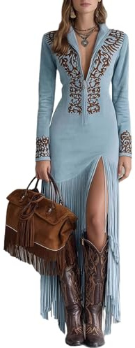 Women's Vintage Fringe Western Dress Faux Suede Embroidery Print Half Zip Slim Waist Bodycon Maxi Dresses,Sky Blue,L