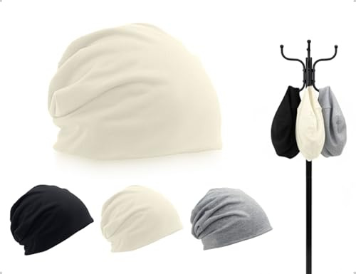 OHYANYAO 3 stycken beanie-mössor, slouchy tunn bomullsmössa för kvinnor och män, kemohuvudbonad damer, elastisk löparmössa (svart, vit, grå)